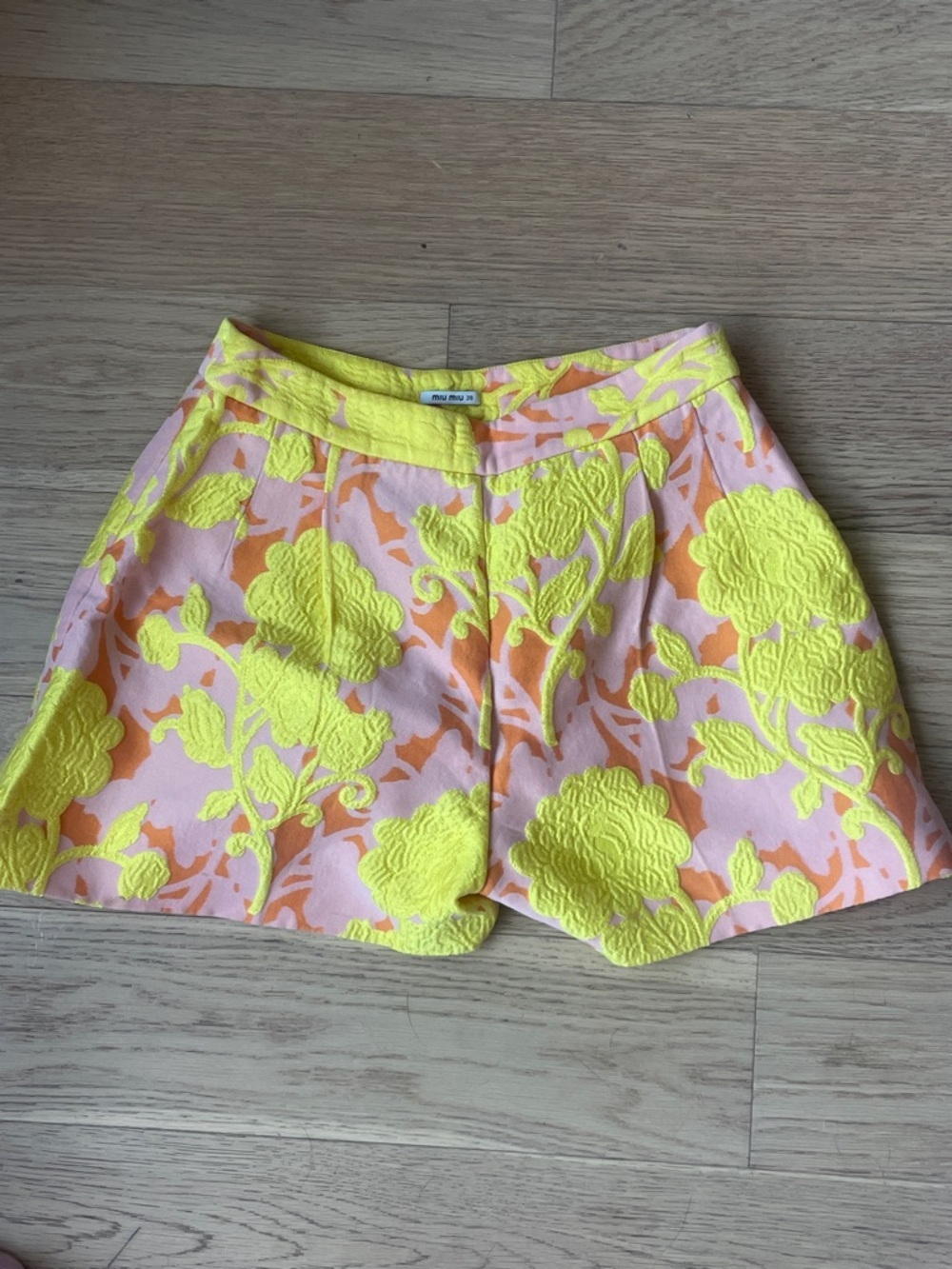 MIU MIU High-Waist Floral Jacquard Skort in Pink & Neon Yellow